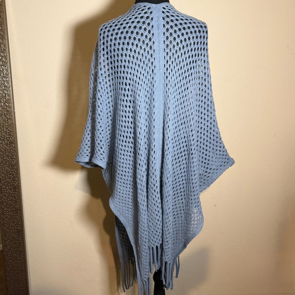 Crochet knit Cardigan Fringe Shawl Light Blue sz: XL